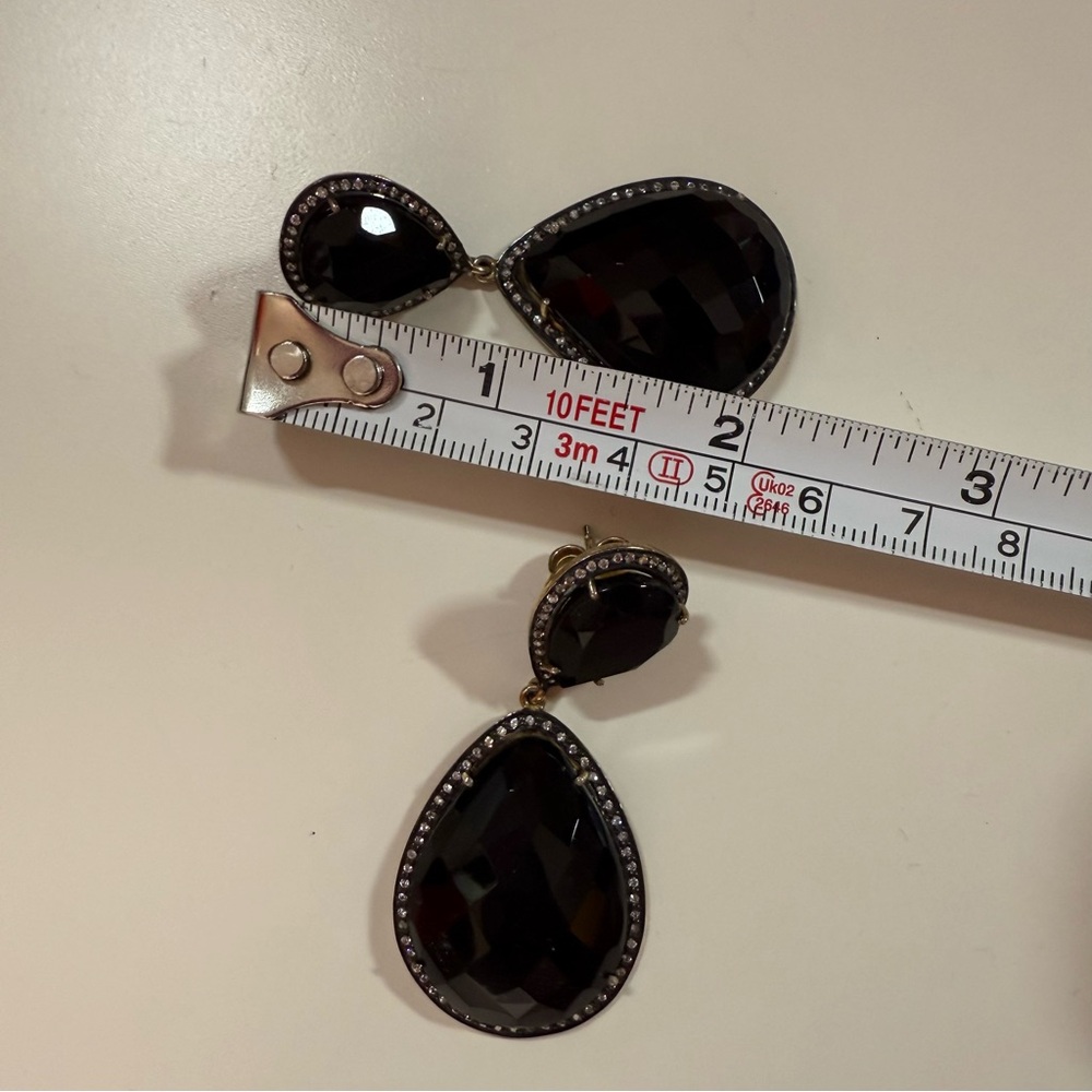 Sterling silver pear shape Black glass topaz halo oversized dangle earrings - Picture 9 of 15